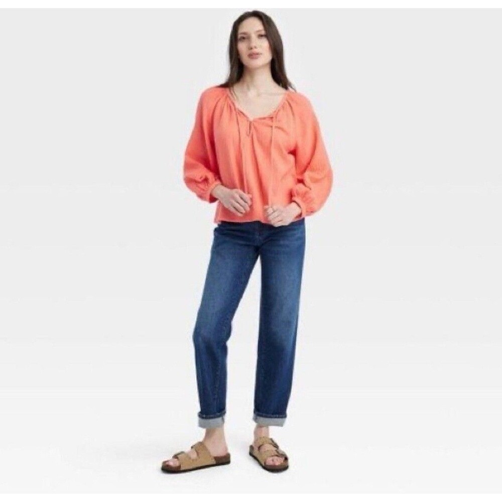 Universal Thread Women's Gauze Balloon-Sleeve Popover Blouse Orange Size XL - Picture 1 of 8